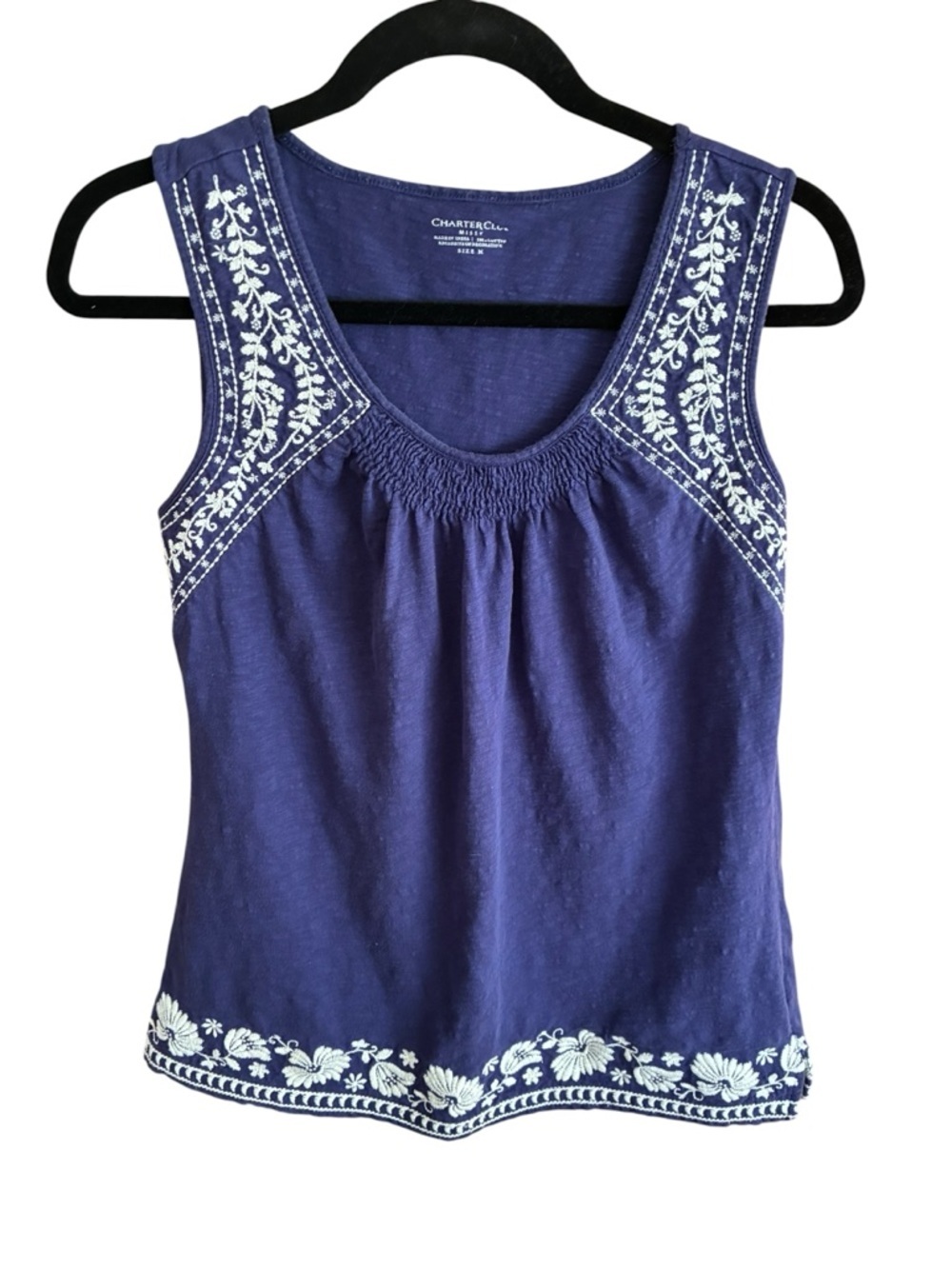 Charter Club Navy Tank with White Floral Embroidery